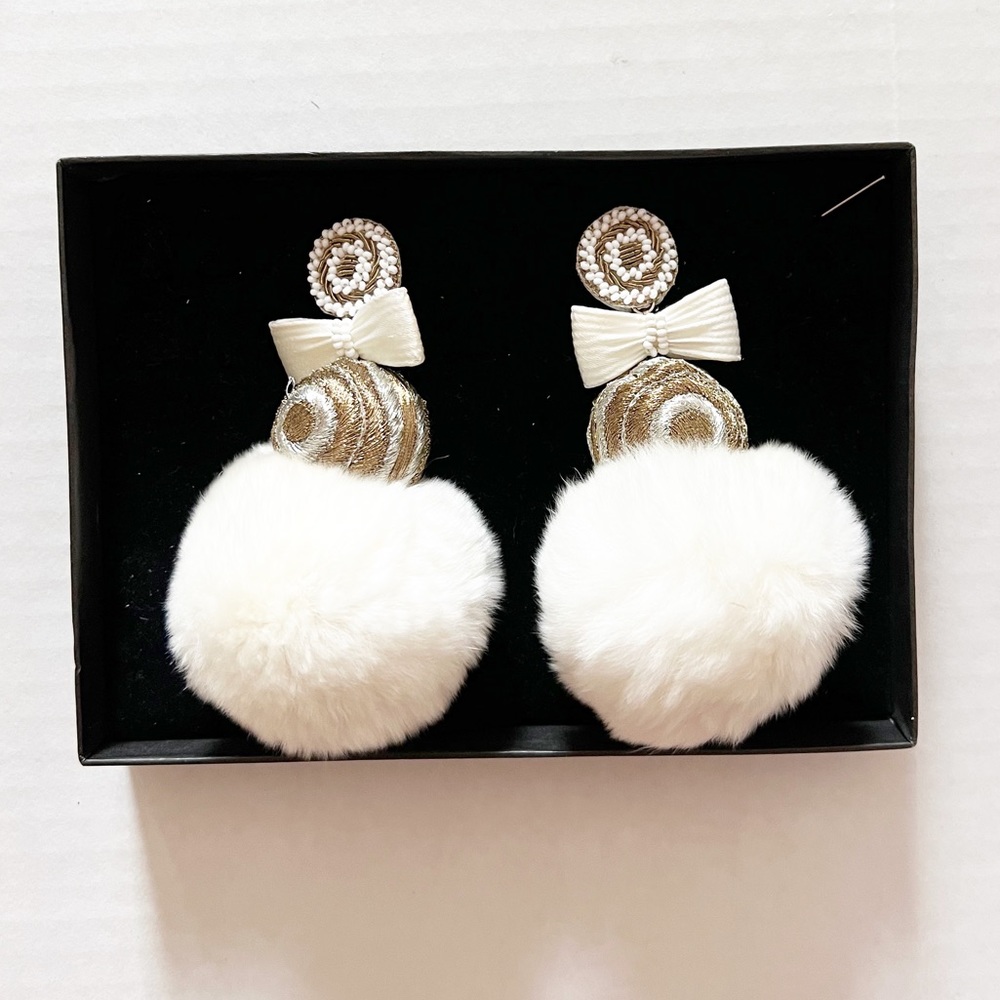 Ranjana Khan White Pom Pom Mink Clip On Statement Earrings